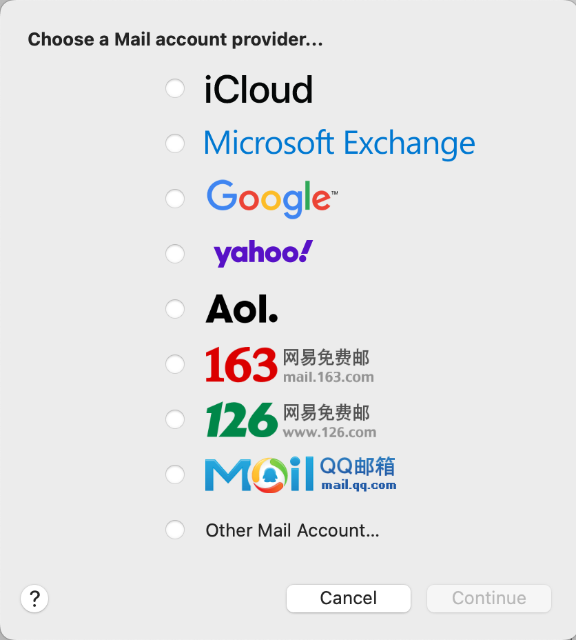 macOS 郵件「Choose a Mail account provider」畫面，列出 iCloud、Microsoft Exchange、Google、Yahoo、Aol.、163、126、QQ 郵箱，最下方為 Other Mail Account… 選項。
